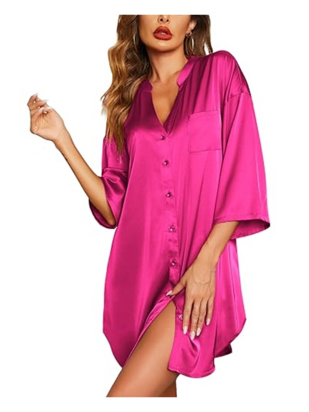 Satin Nightgown Button Down 3/4 Sleeve V-Neck Sleepshirt